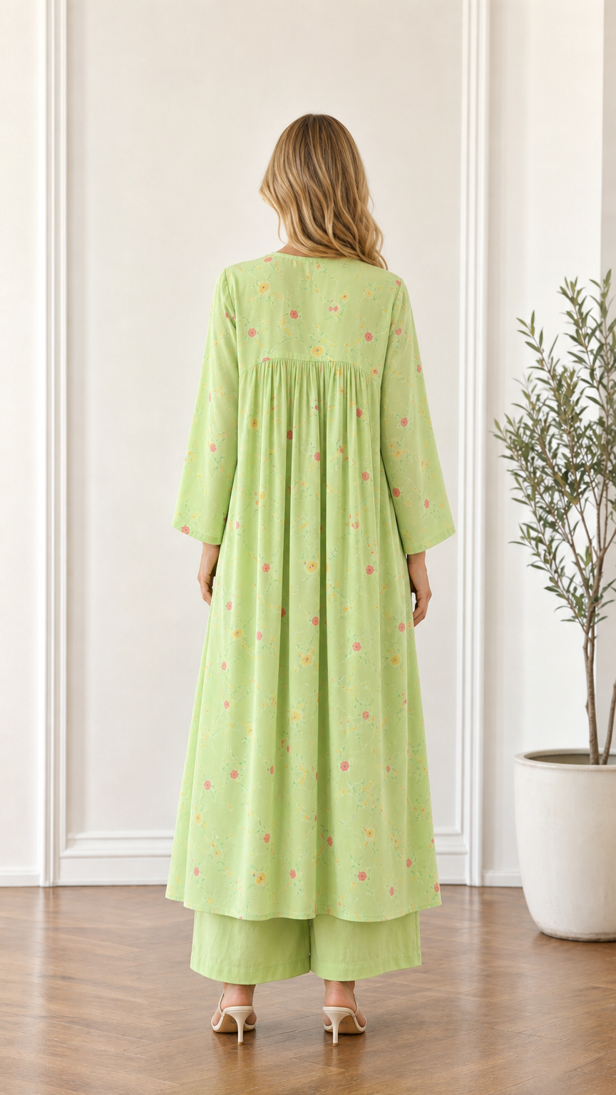 Back view of woman wearing light green floral maxi dress with back pleats