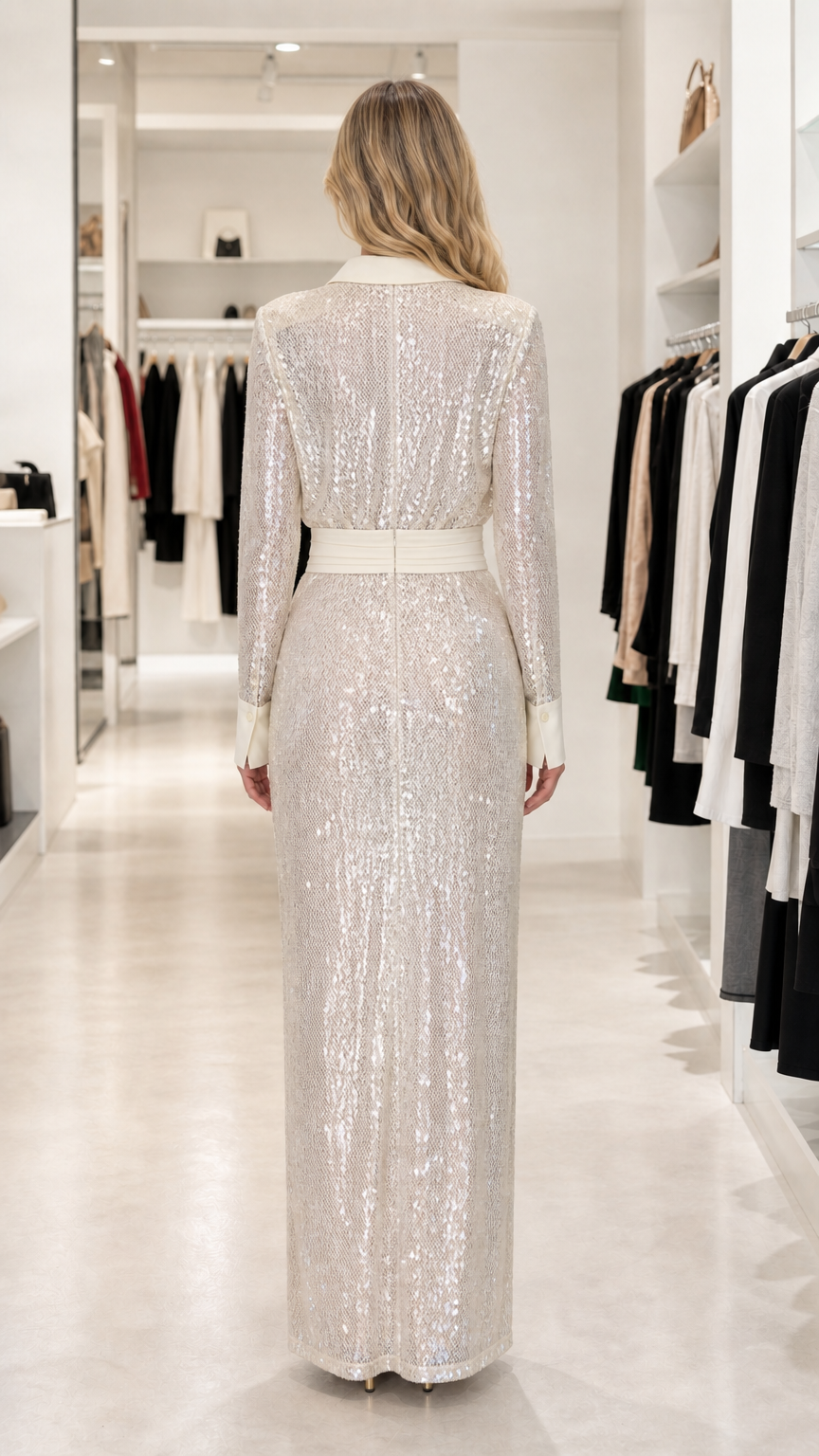 Back view of model in silver sequin maxi dress