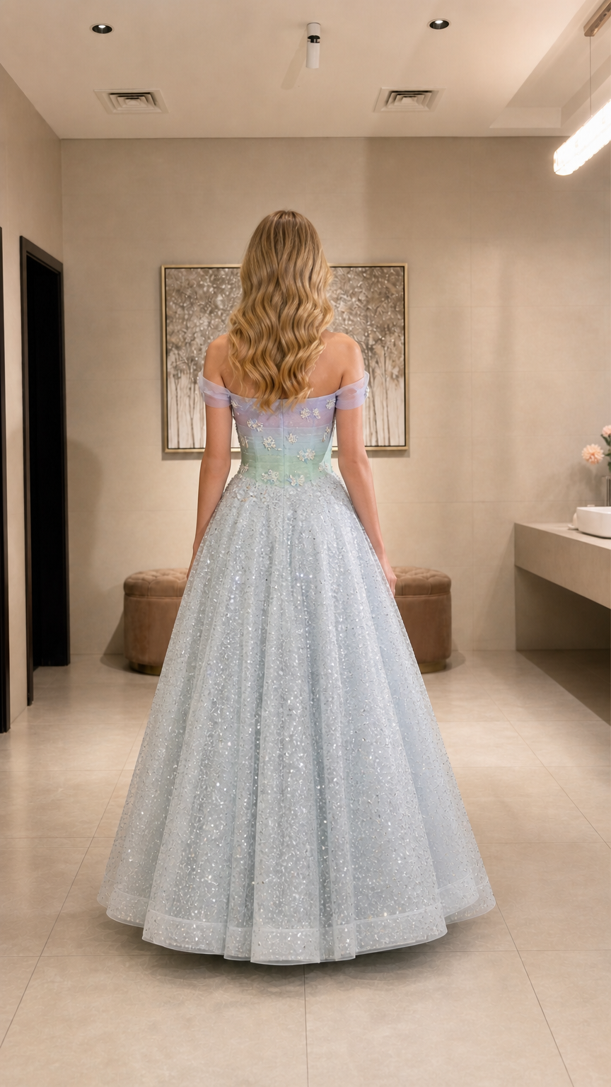 Back view of model wearing pastel ombre glitter tulle formal evening dress