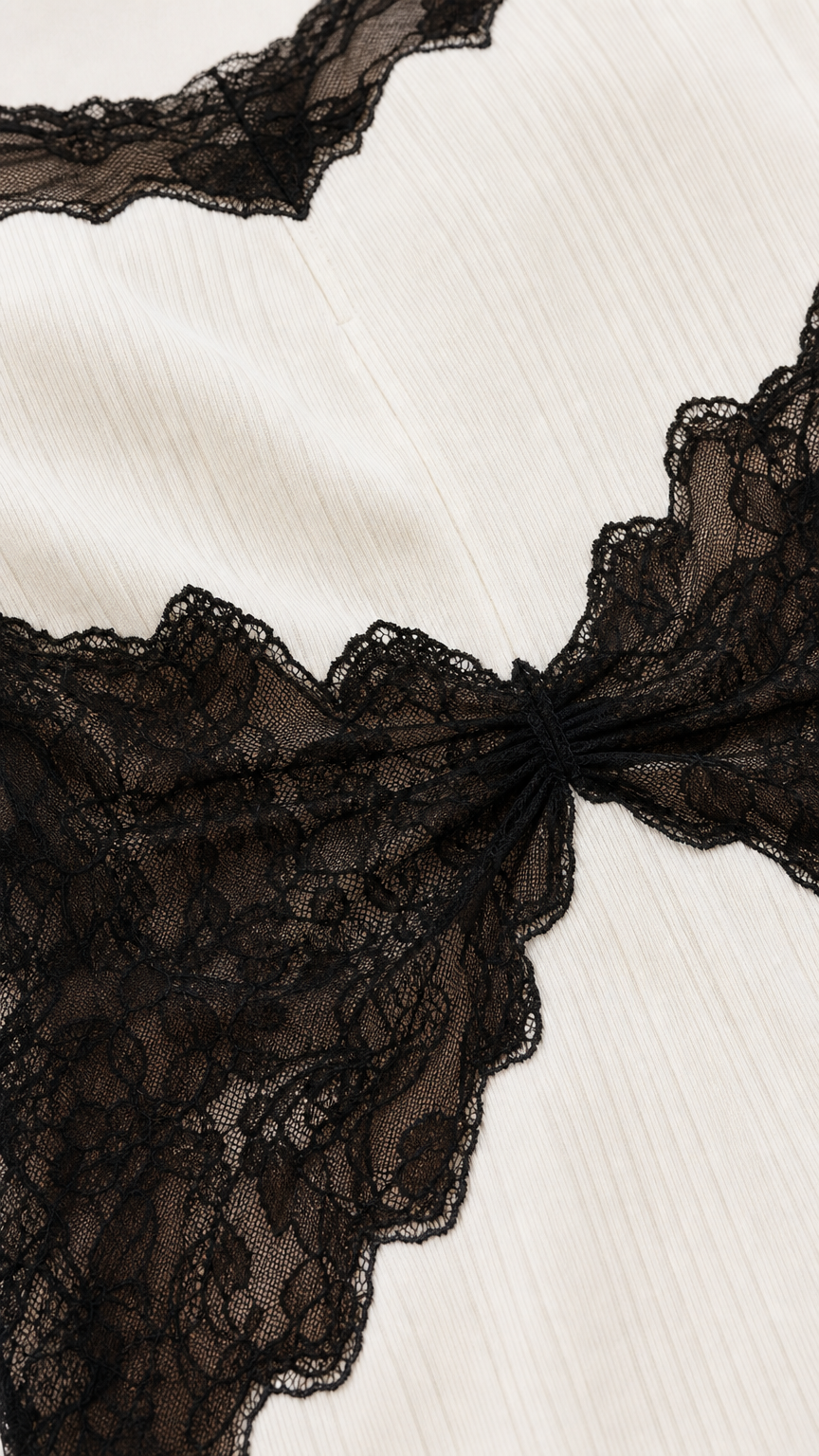 Close-up detail of black lace trim and textured fabric