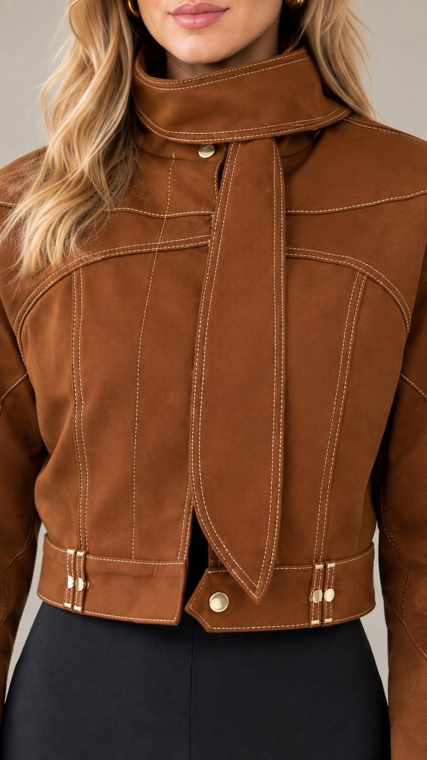 Close-up detail of Caramel Brown jacket collar, neck scarf tie, contrast stitching, and metallic buttons