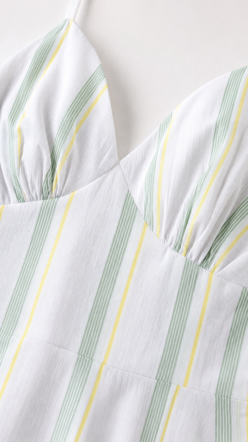 Close-up detail of the gathered bodice and vertical stripe pattern