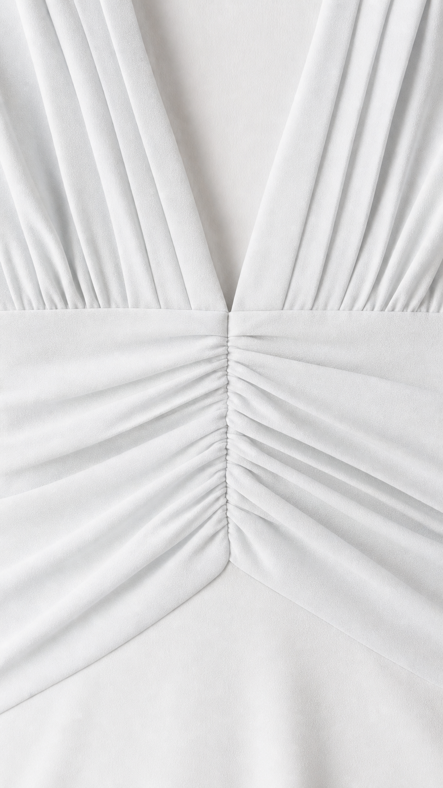 Close-up detail of pleated V-neck and ruched waist on white dress