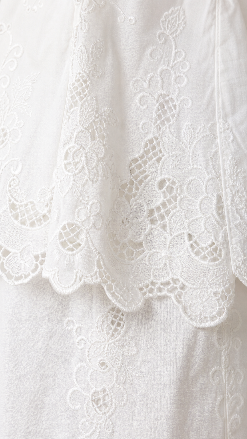 Close-up detail of the white floral eyelet embroidery and scalloped lace hemline