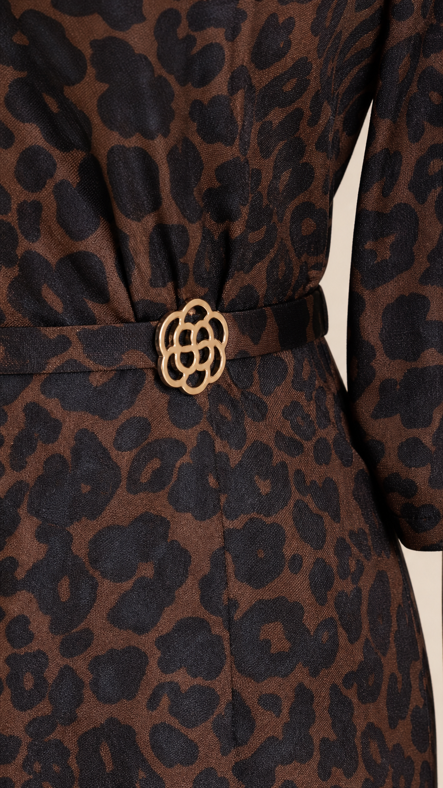 Close-up detail of the waistline and decorative buckle on the leopard print dress