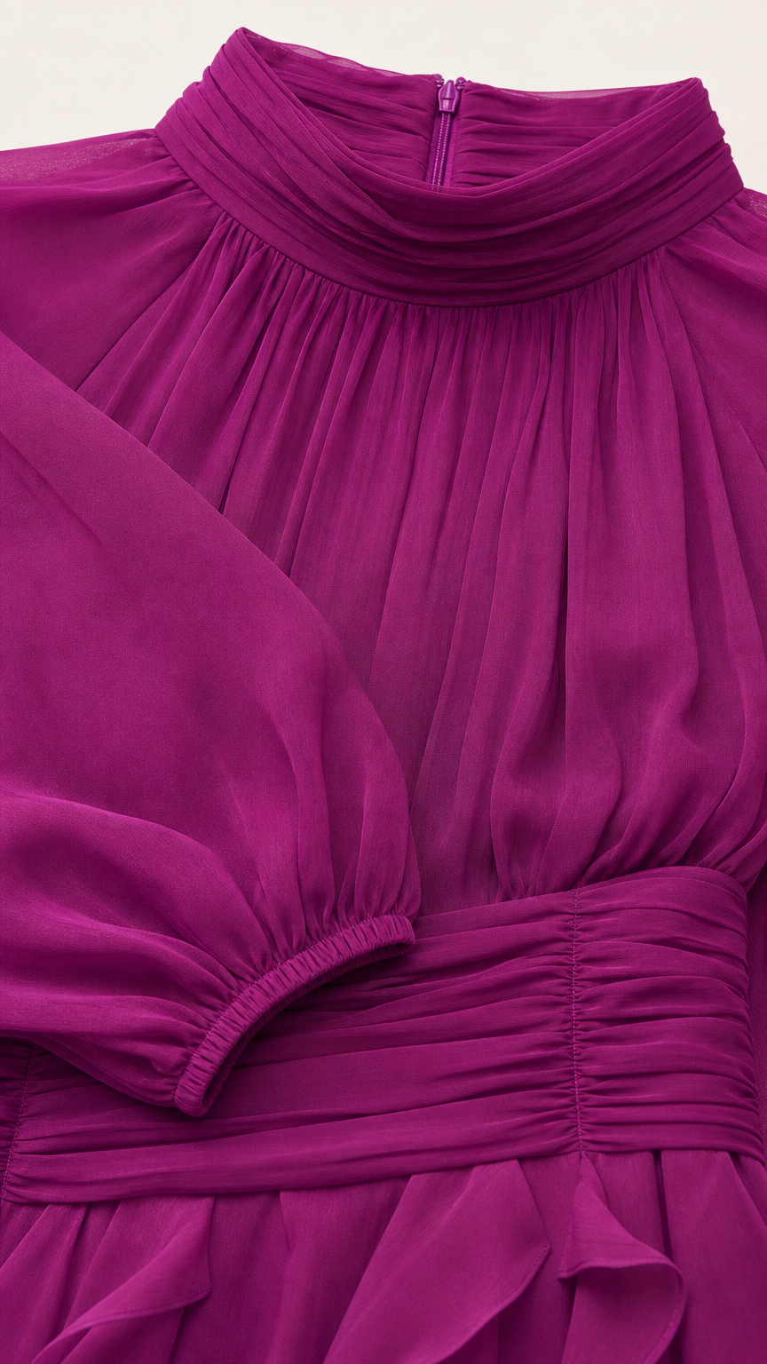 Close-up detail of pleated mock neck, back zipper, and ruched waistband on magenta dress