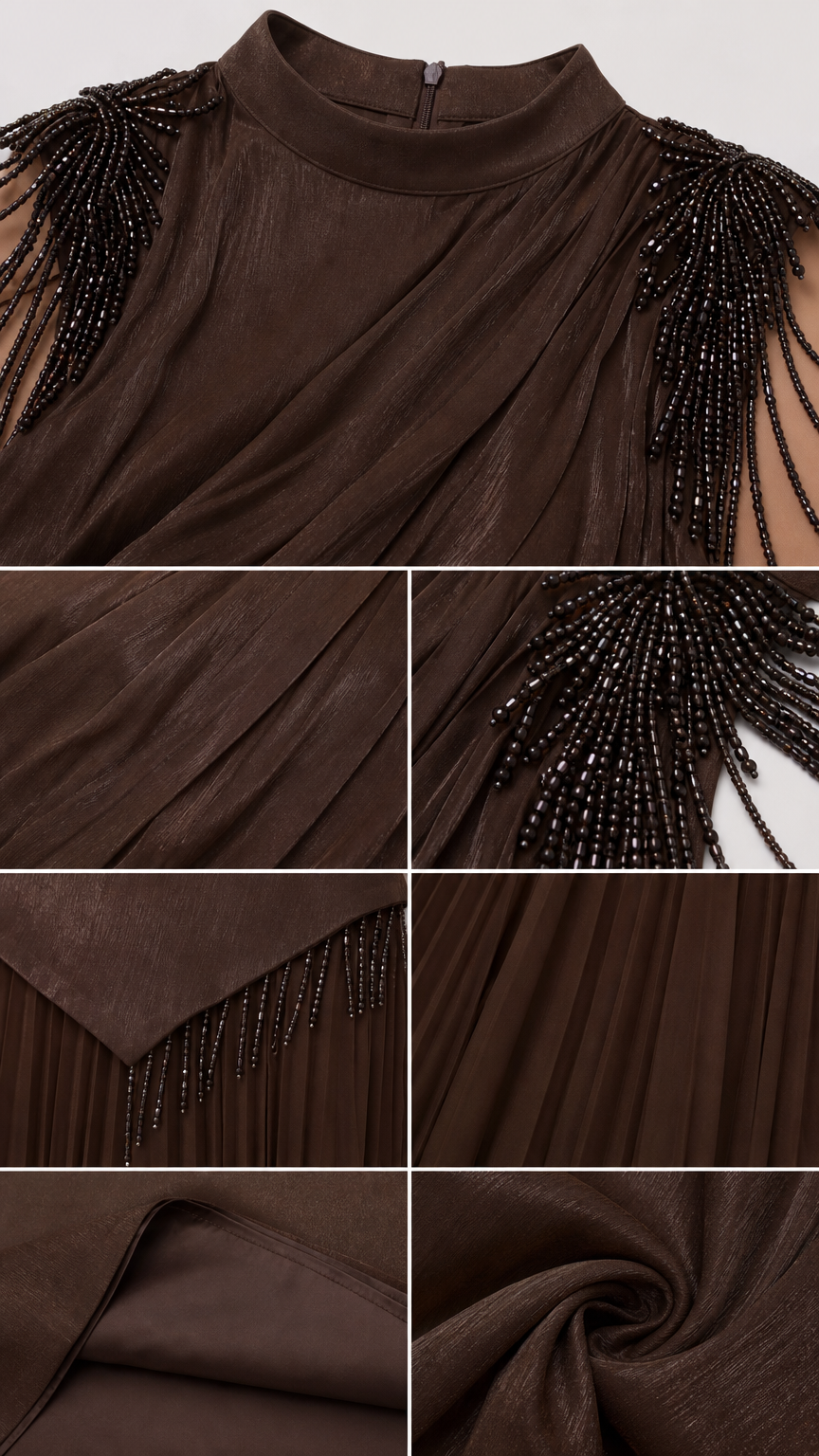 Fabric and Beaded Shoulder Fringe Details of Chocolate Brown Evening Dress