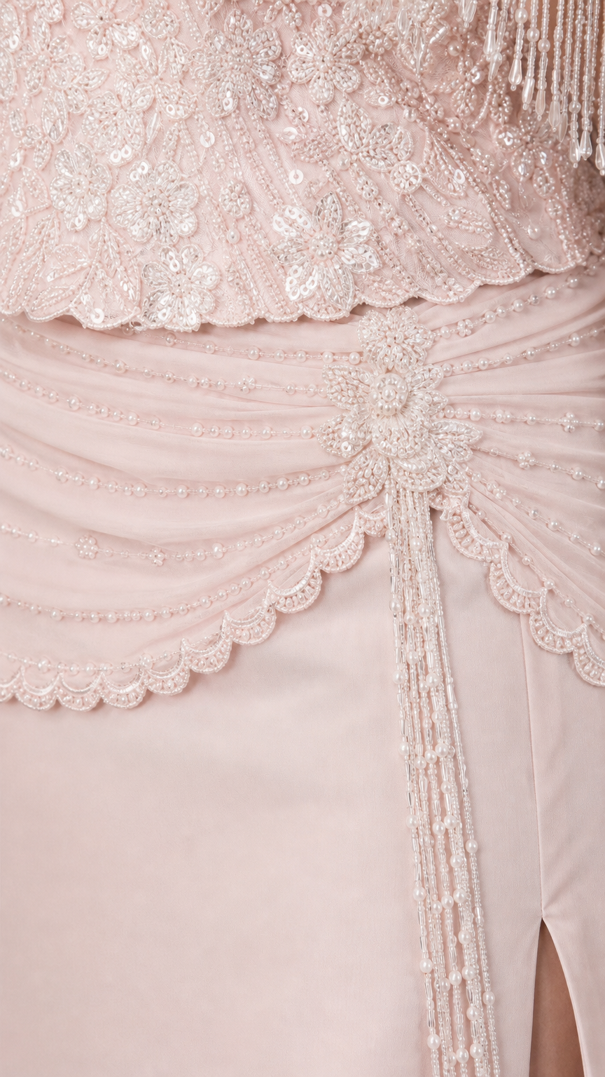Close-up detail of ornate beadwork, fringe sleeves, and draped waist embellishment