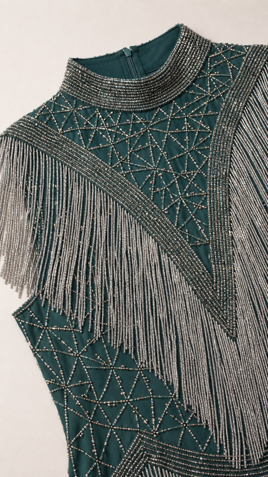 Close-up detail of high neckline and intricate geometric beadwork with fringe