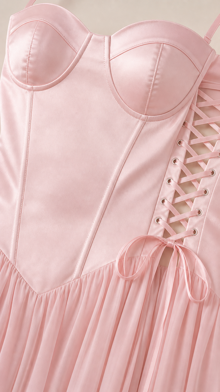 Close-up of satin bodice, sweetheart neckline, and side lacing