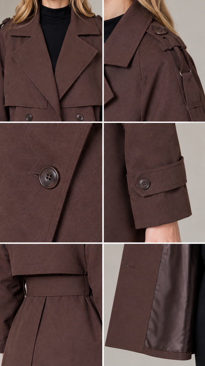 Close-up details of collar, shoulder tabs, buttons, and lining on brown trench coat