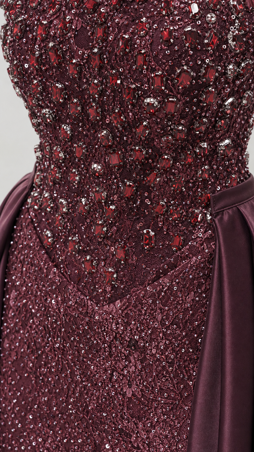 Close-up detail of intricate beadwork and sequin embellishments