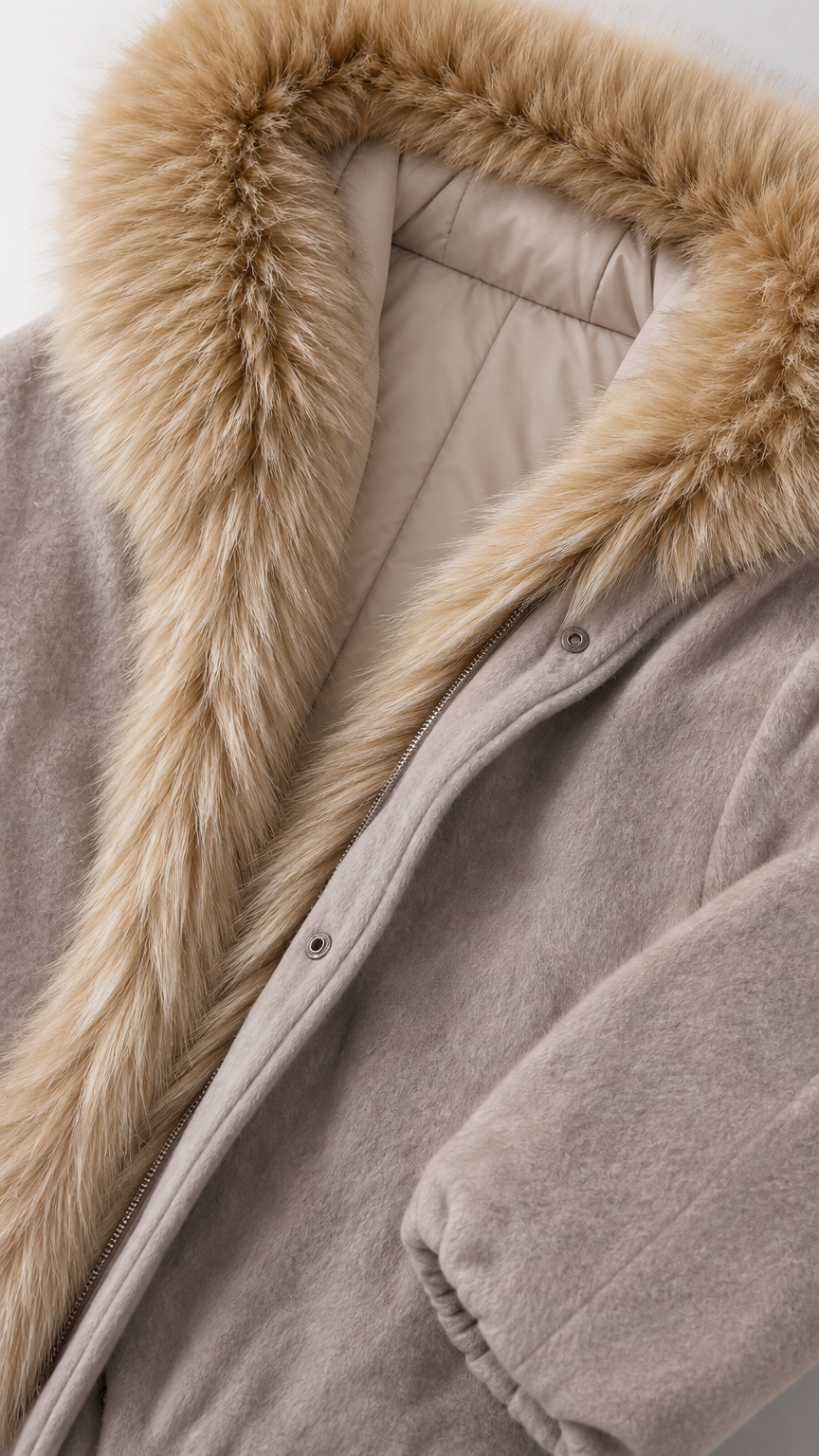 Close-up detail of beige coat faux fur shawl collar, soft fabric texture, and zipper closure