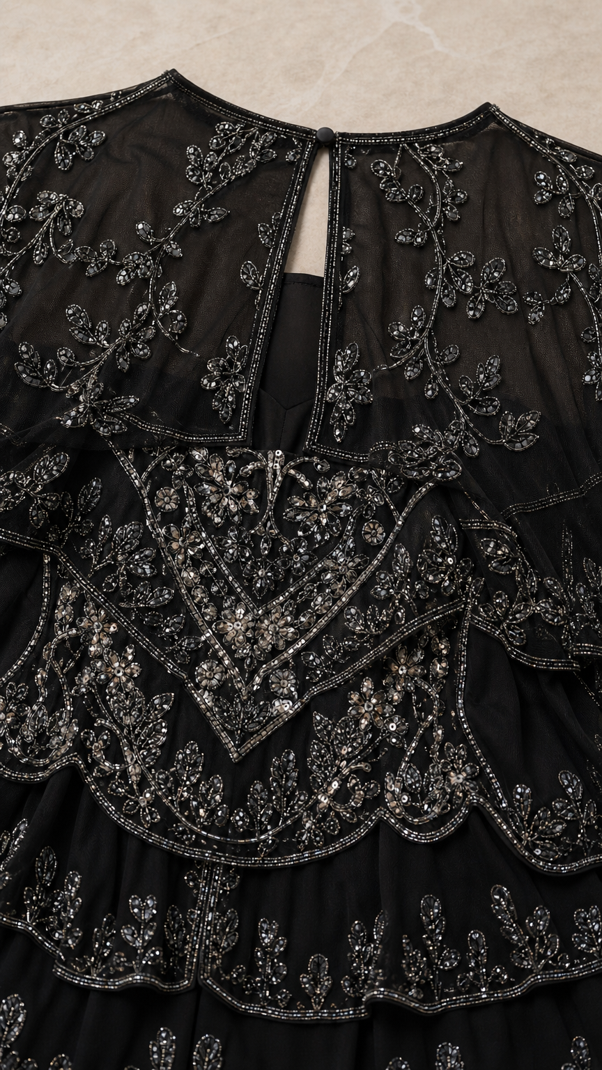 Detailed close-up of intricate black beading, sequins, and back keyhole closure