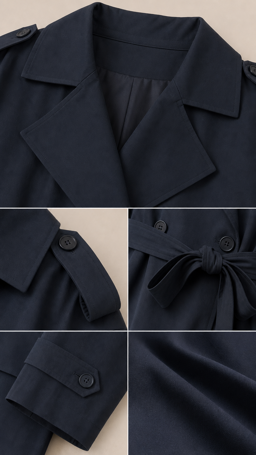Close-up details of collar, buttons, belt, and fabric of the trench coat