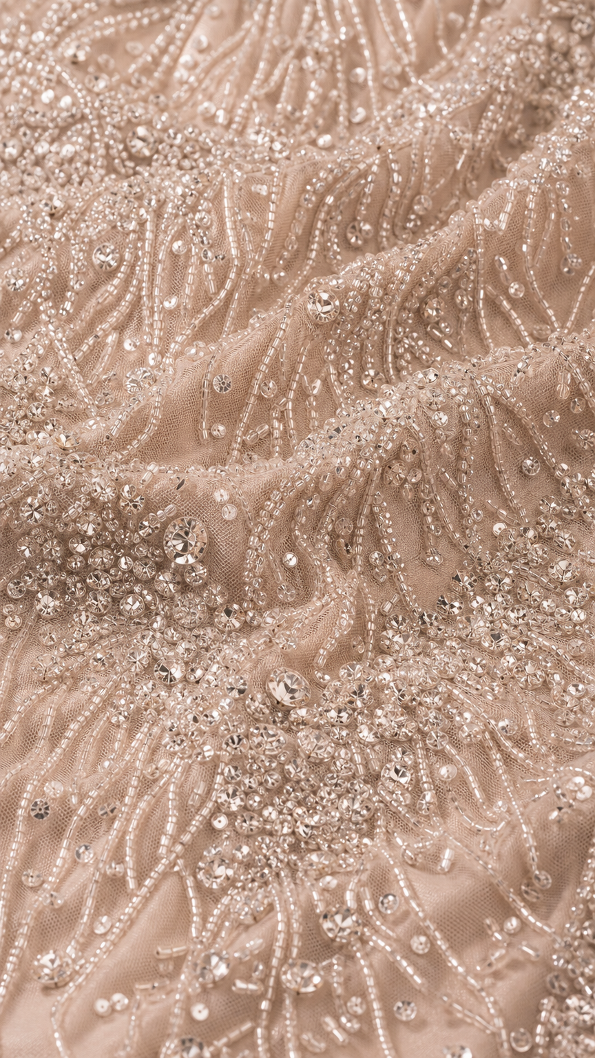 Close-up detail of intricate beadwork, sequins, and embroidered mesh fabric