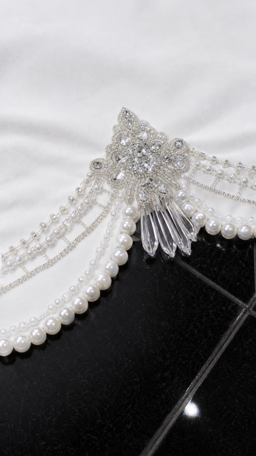 Close-up detail of rhinestone and faux pearl embellished hem