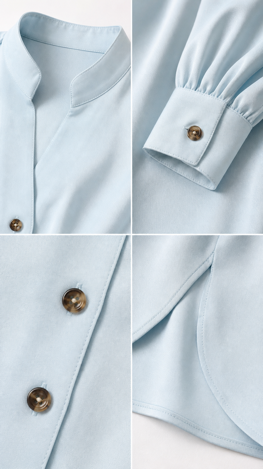 Close-up details of light blue blouse collar, buttons, cuffs, and hem