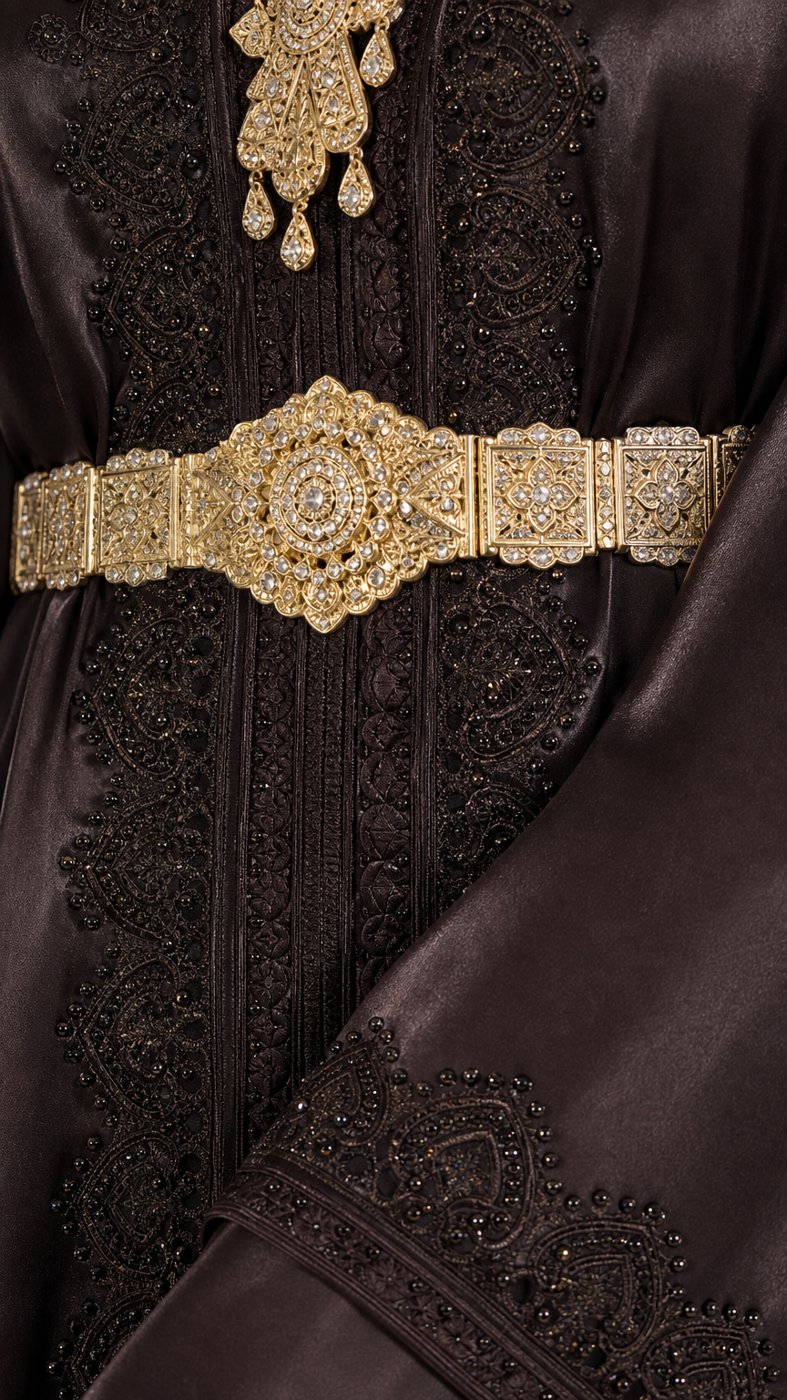 Close-up detail of ornate gold belt and tonal beaded embroidery on dark satin fabric