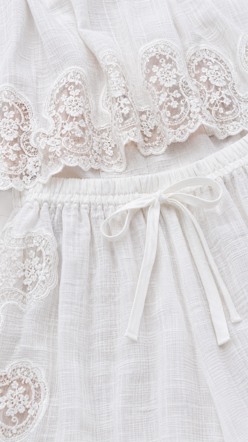 Close-up of white crochet lace trim and drawstring waistband