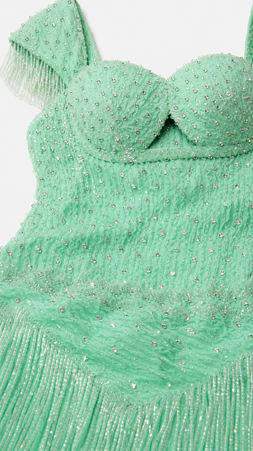 Close up of rhinestone sweetheart bodice with keyhole cutout and fringe detail