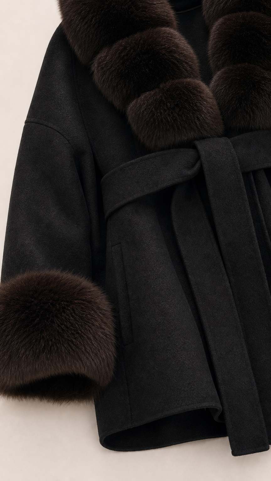 Close-up detail of textured black fabric and plush faux fur cuff and collar