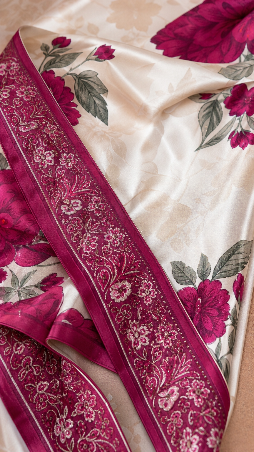 Close-up detail of embroidered border and floral satin fabric