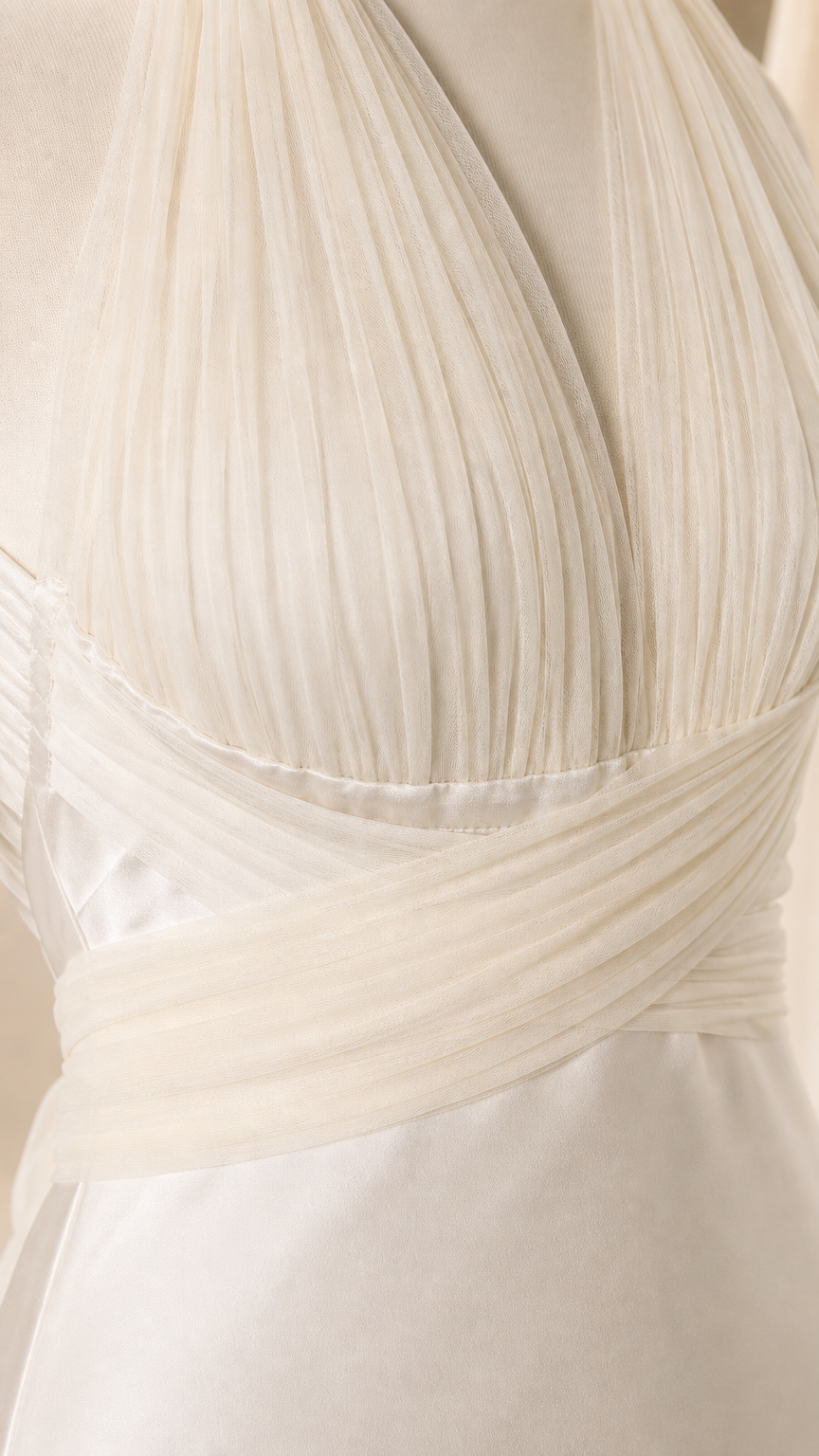 Close-up detail of pleated chiffon crossover halter bodice