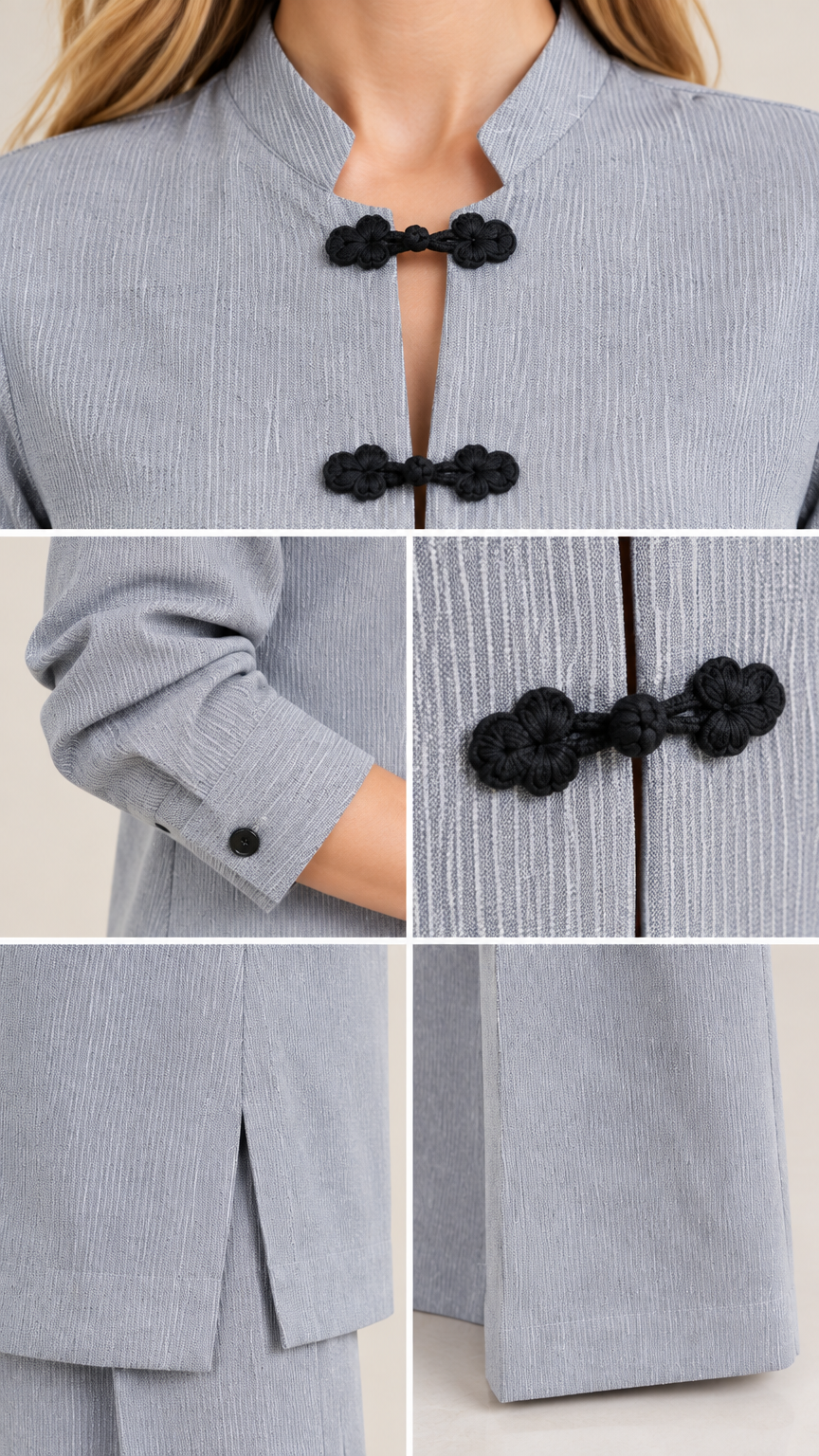 Close-up detail shots of textured fabric, black frog button closures, sleeve cuff, and tunic side slit