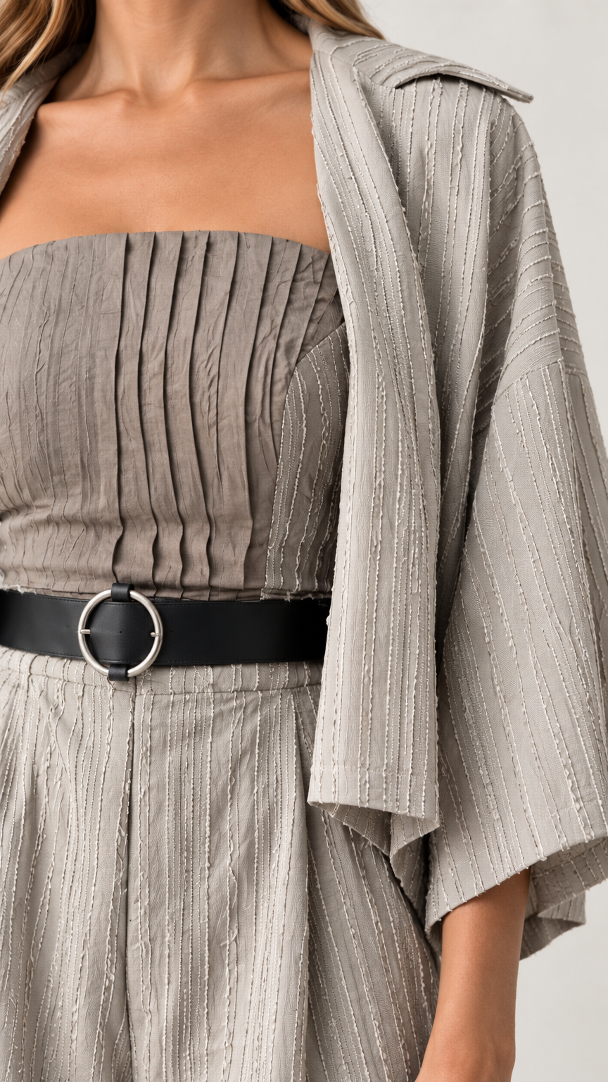 Close-up detail of the textured pleated bandeau bodice, jacket collar, and round belt buckle