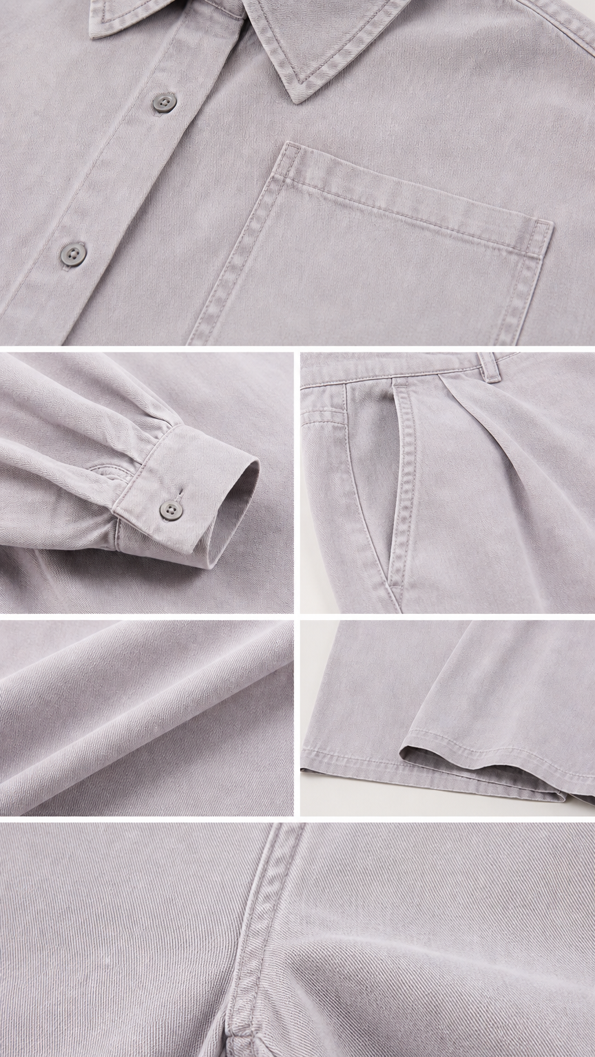 Close-up detail collage showing collar, chest pocket, sleeve cuff, pleats, and fabric texture