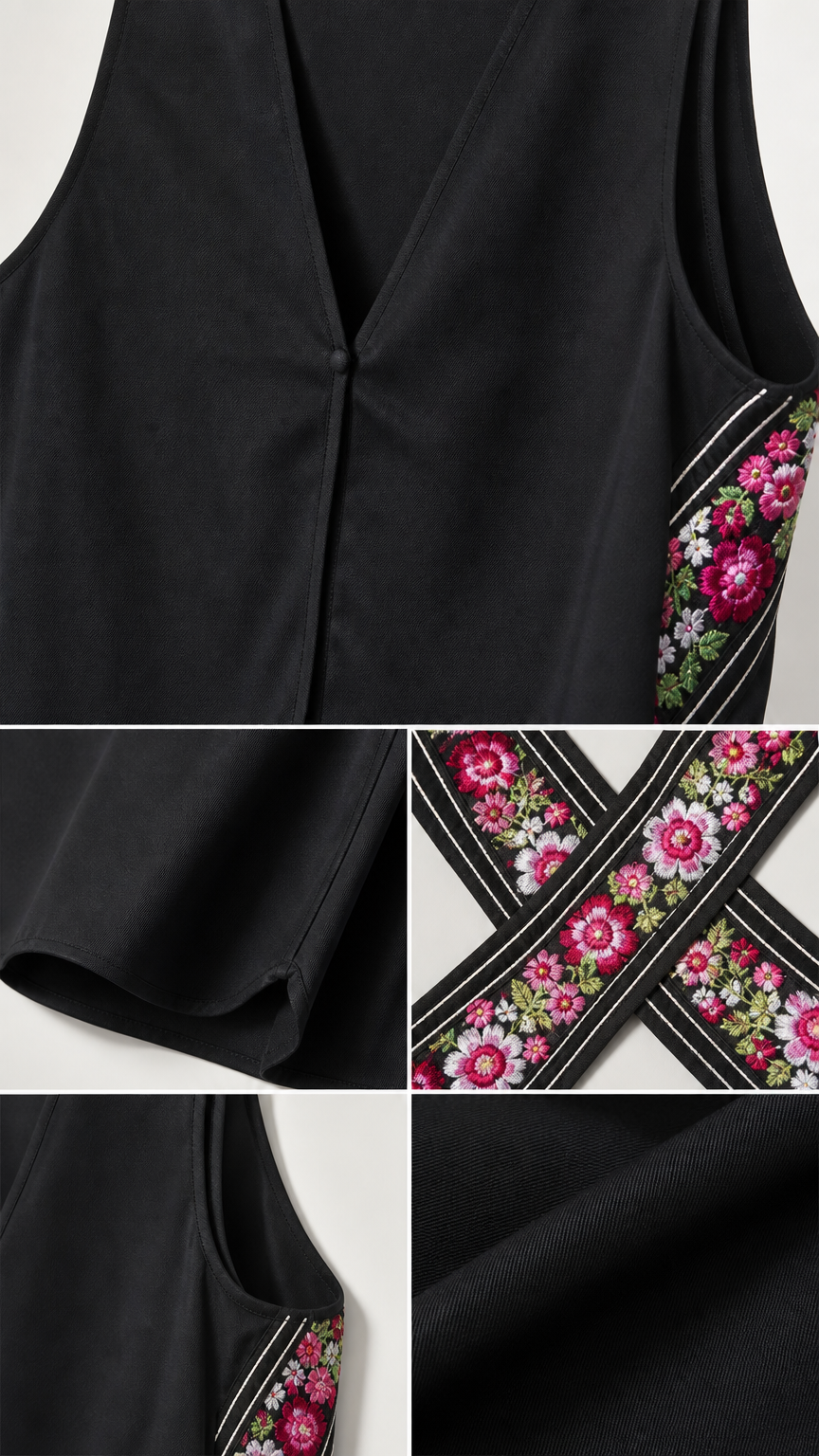 Close-up details of black fabric, floral embroidery trim, button closure, and hemline
