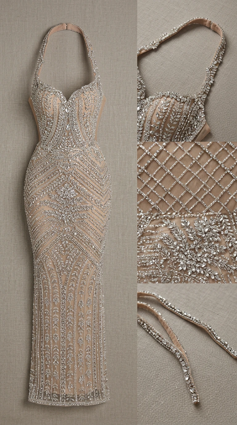 Flat lay and detail close-up of champagne crystal beaded halter gown