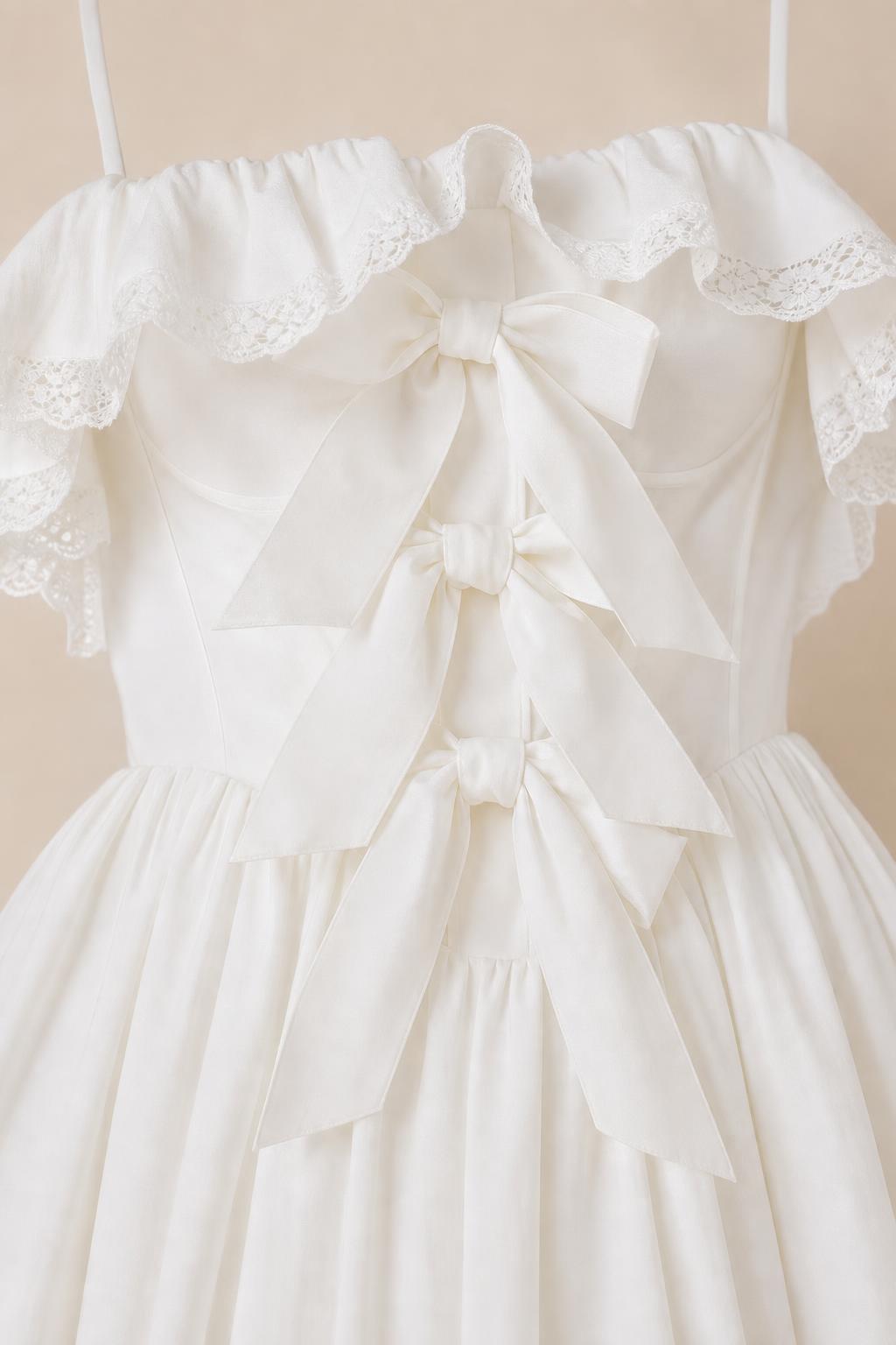 Close-up detail of front bodice bows and ruffles on white dress