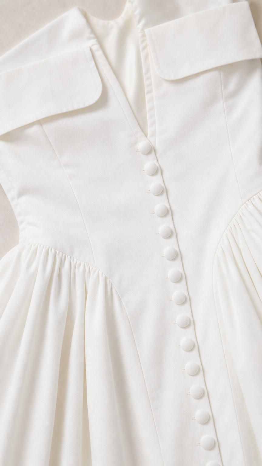 Close-up of white mini dress button and collar detail