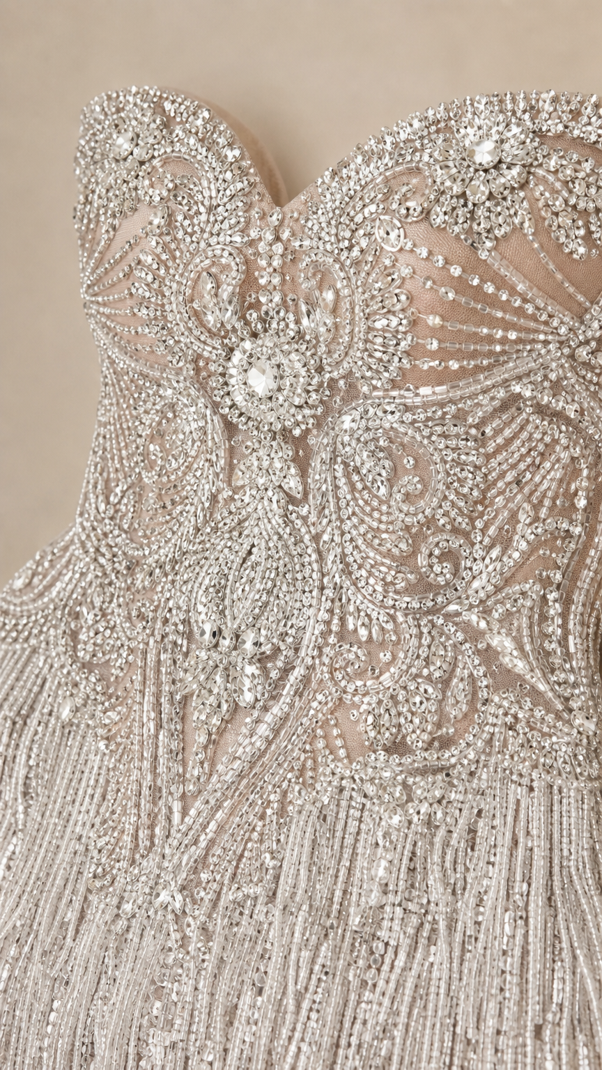 Close-up detail of ornate crystal beading and tassel fringe on bodice
