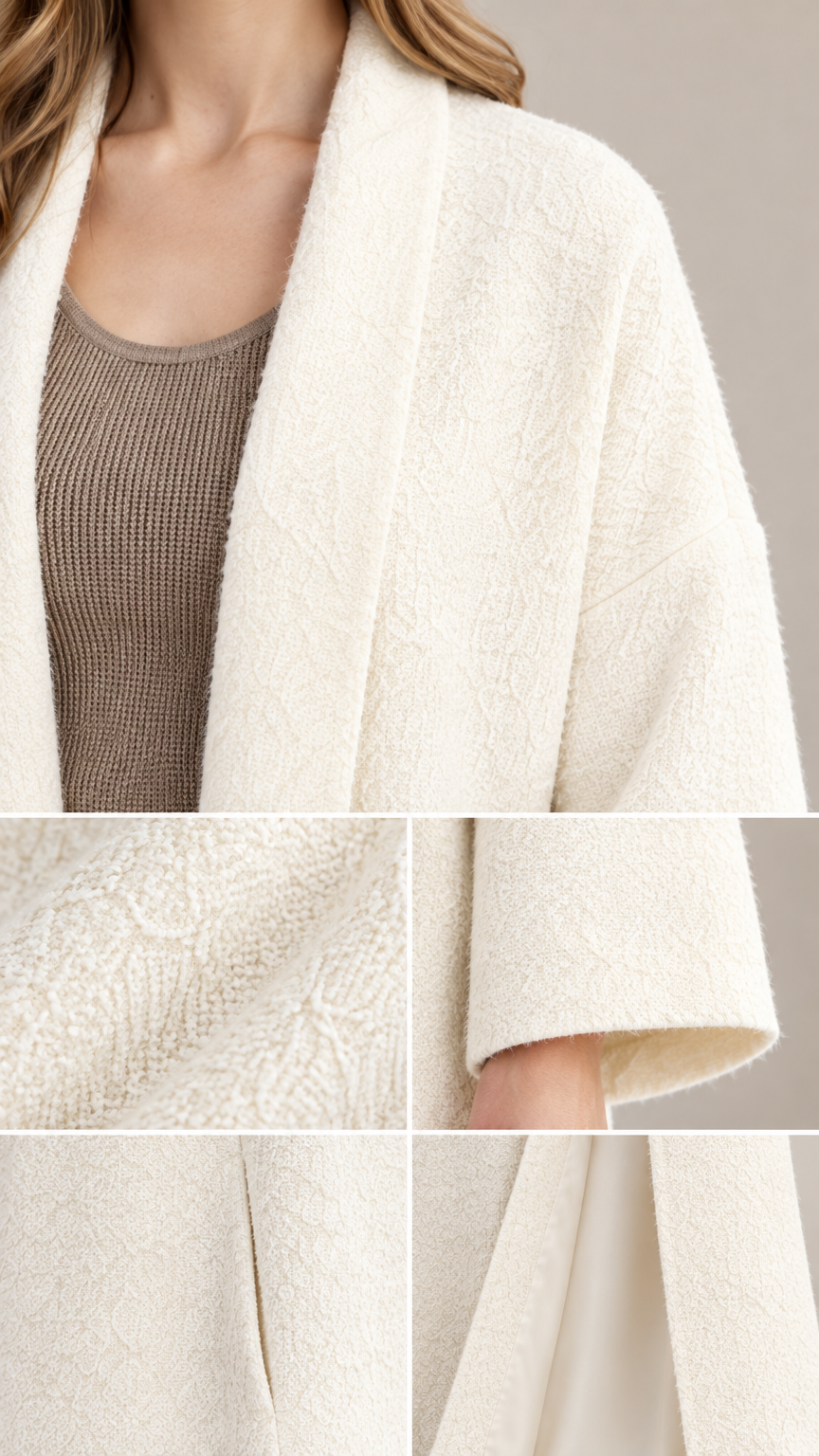 Detailed close-ups of off-white textured knit fabric, cuffs, and seam construction