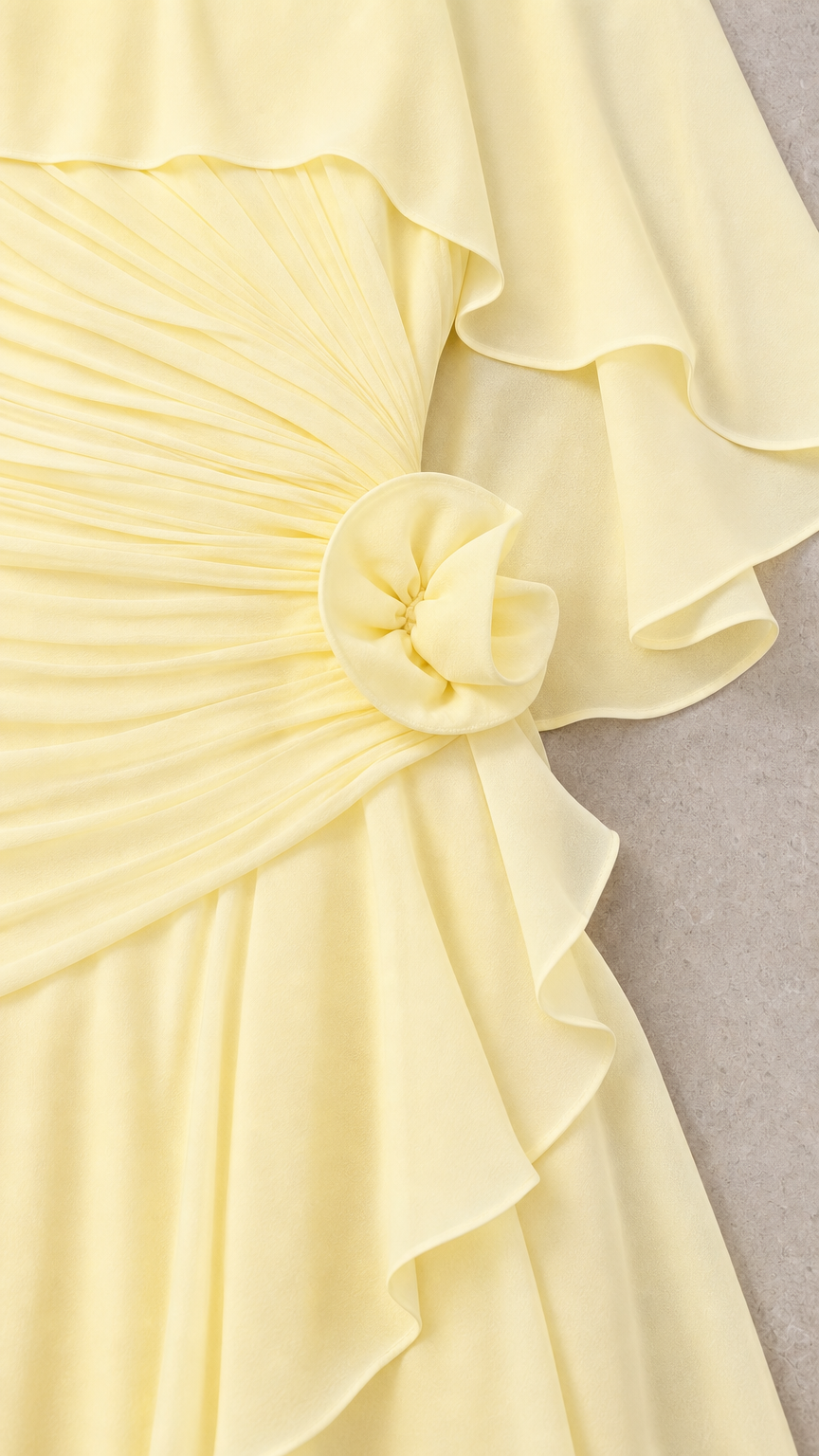 Close-up detail of pleated ruching and fabric rosette accent on Pale Yellow dress
