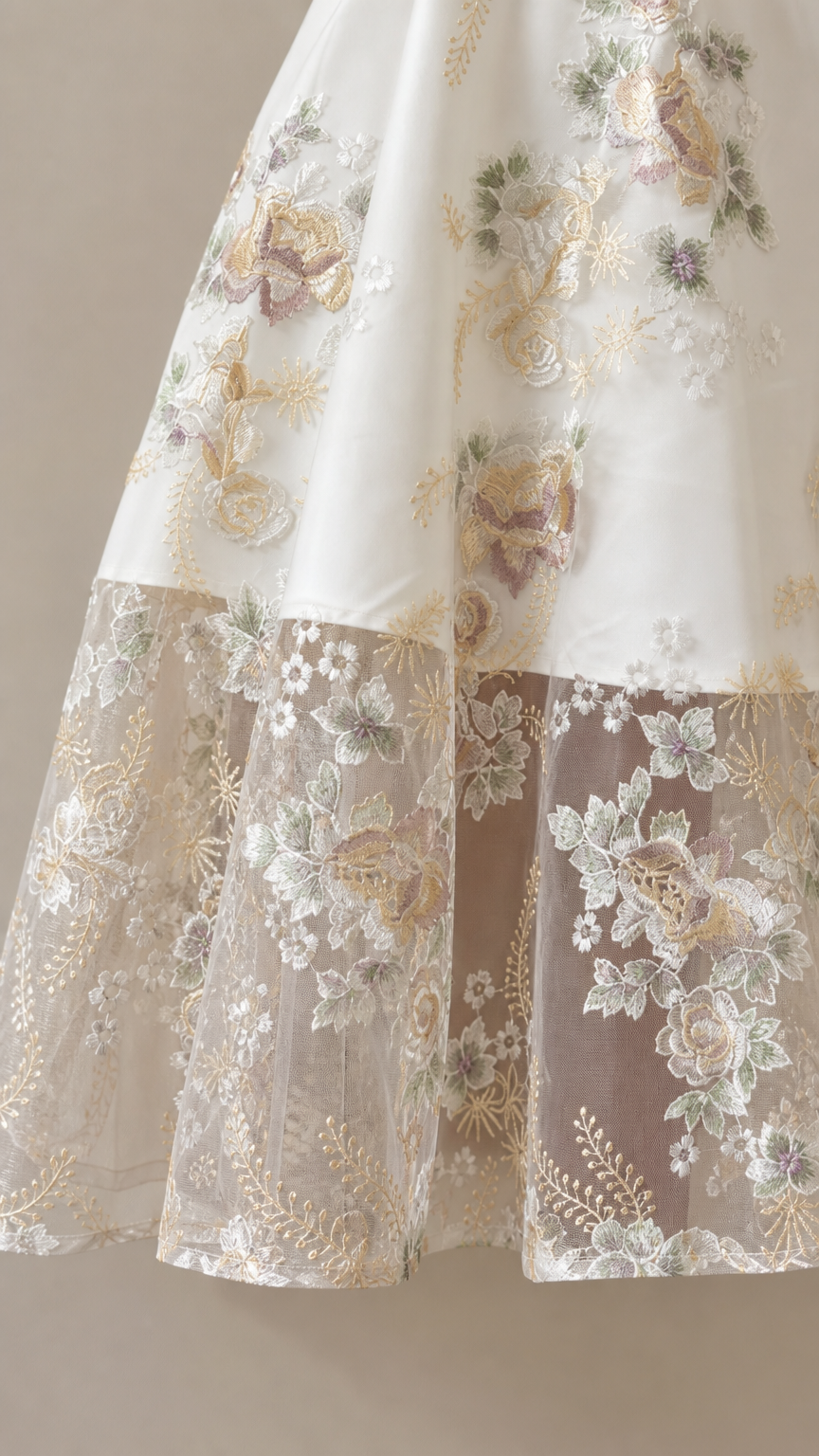 Close-up detail of sheer embroidered floral lace hem