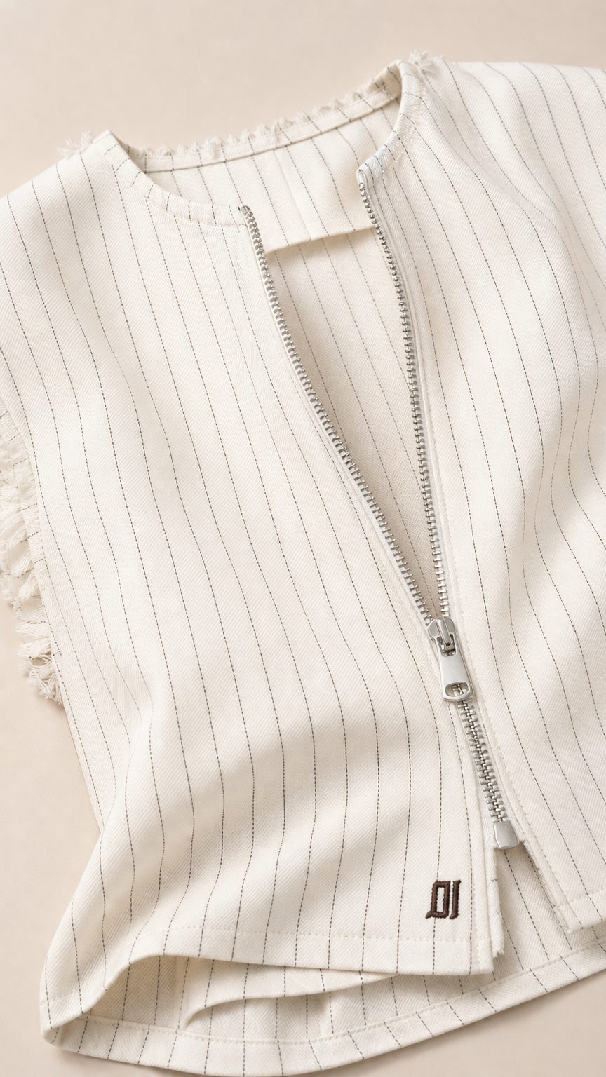 Close-up detail of white pinstripe vest with zipper closure