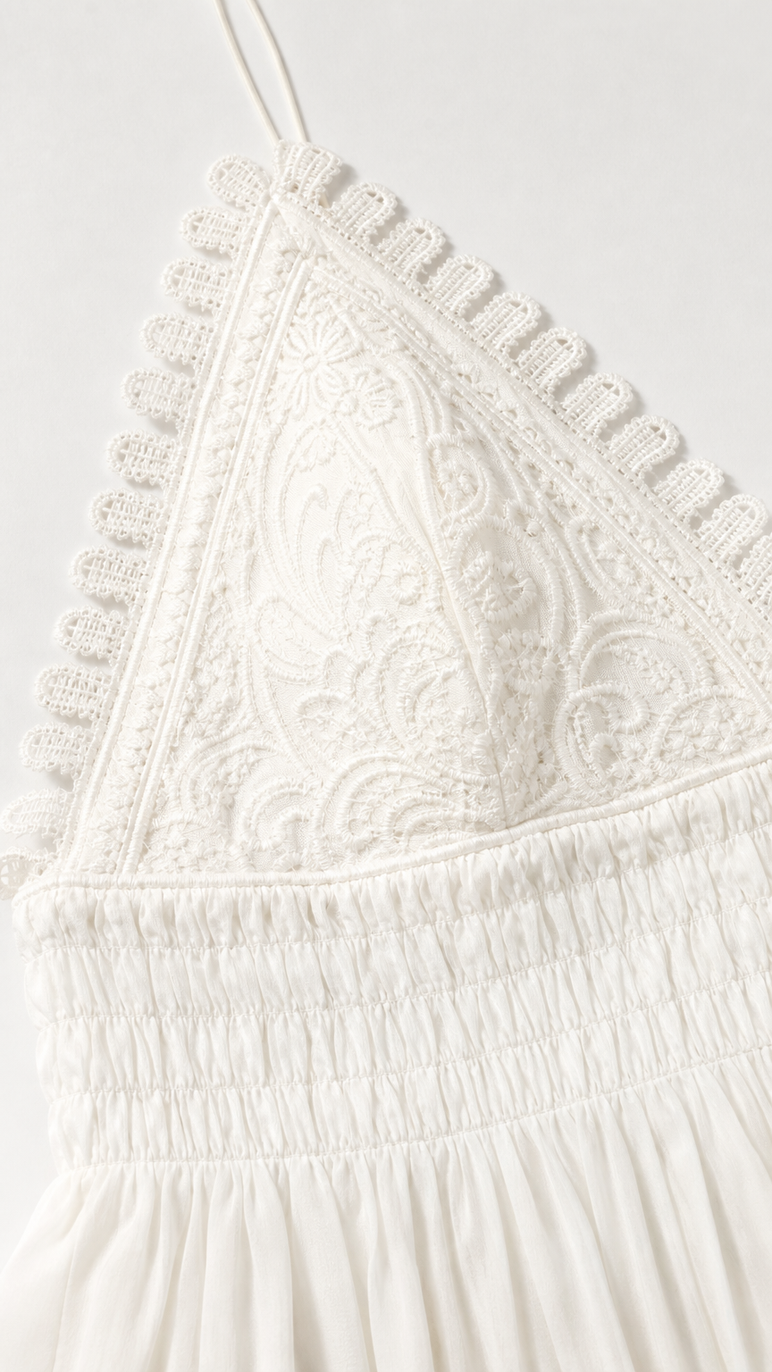 Close-up detail of white lace neckline and smocked bodice