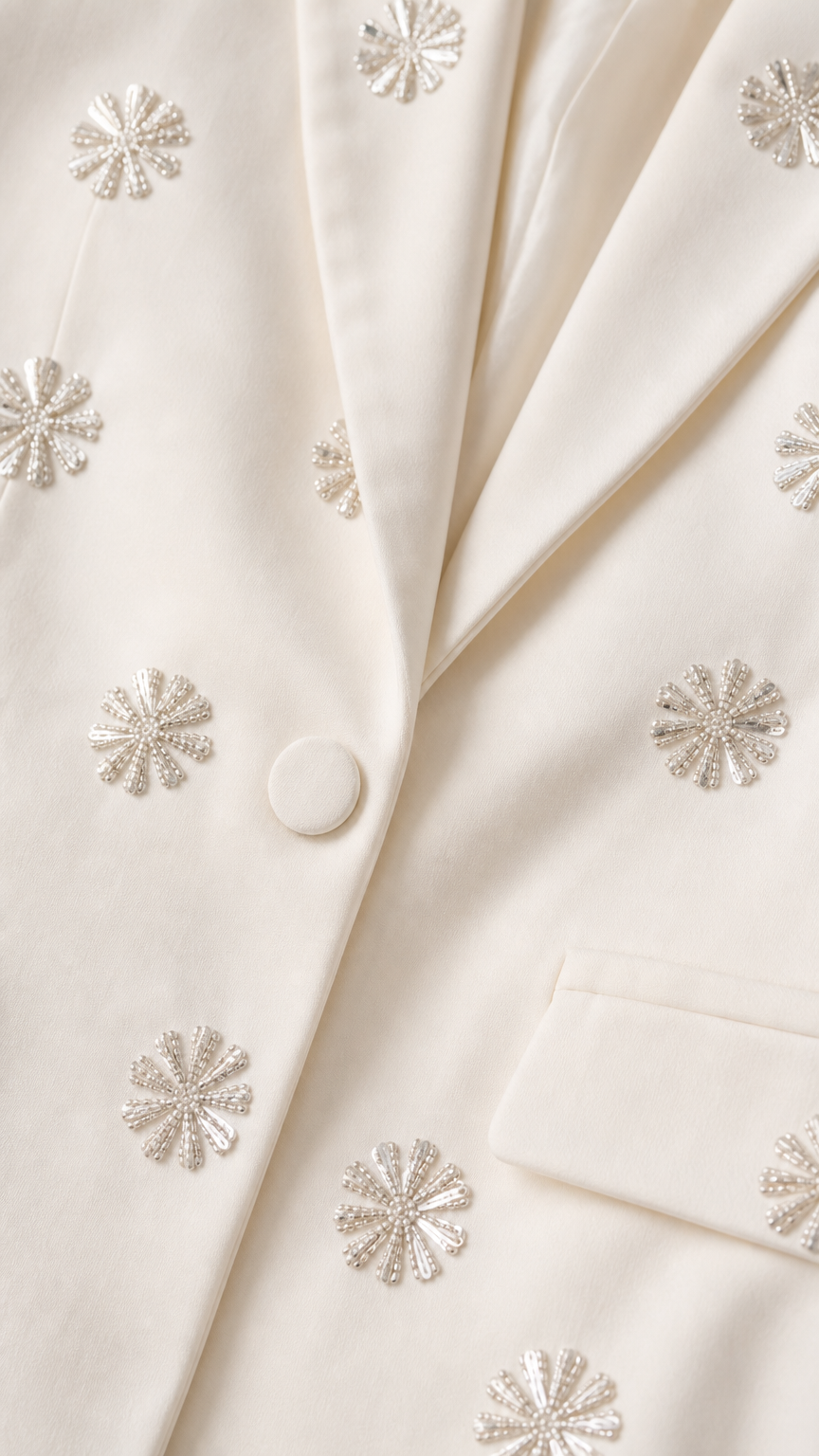 Close-up detail of rhinestone floral embellishments on cream blazer