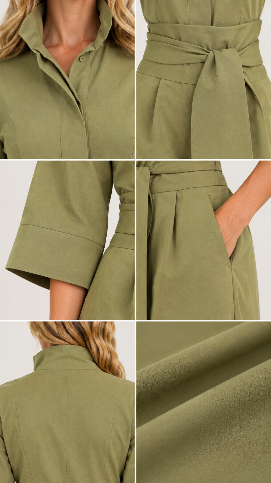 Close-up details of collar, waist tie, cuff, side pocket, and fabric texture on olive green jumpsuit