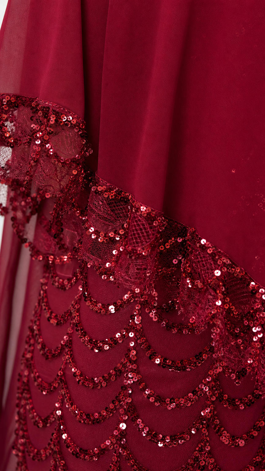 Close-up detail of scalloped sequin embroidery and sheer chiffon trim
