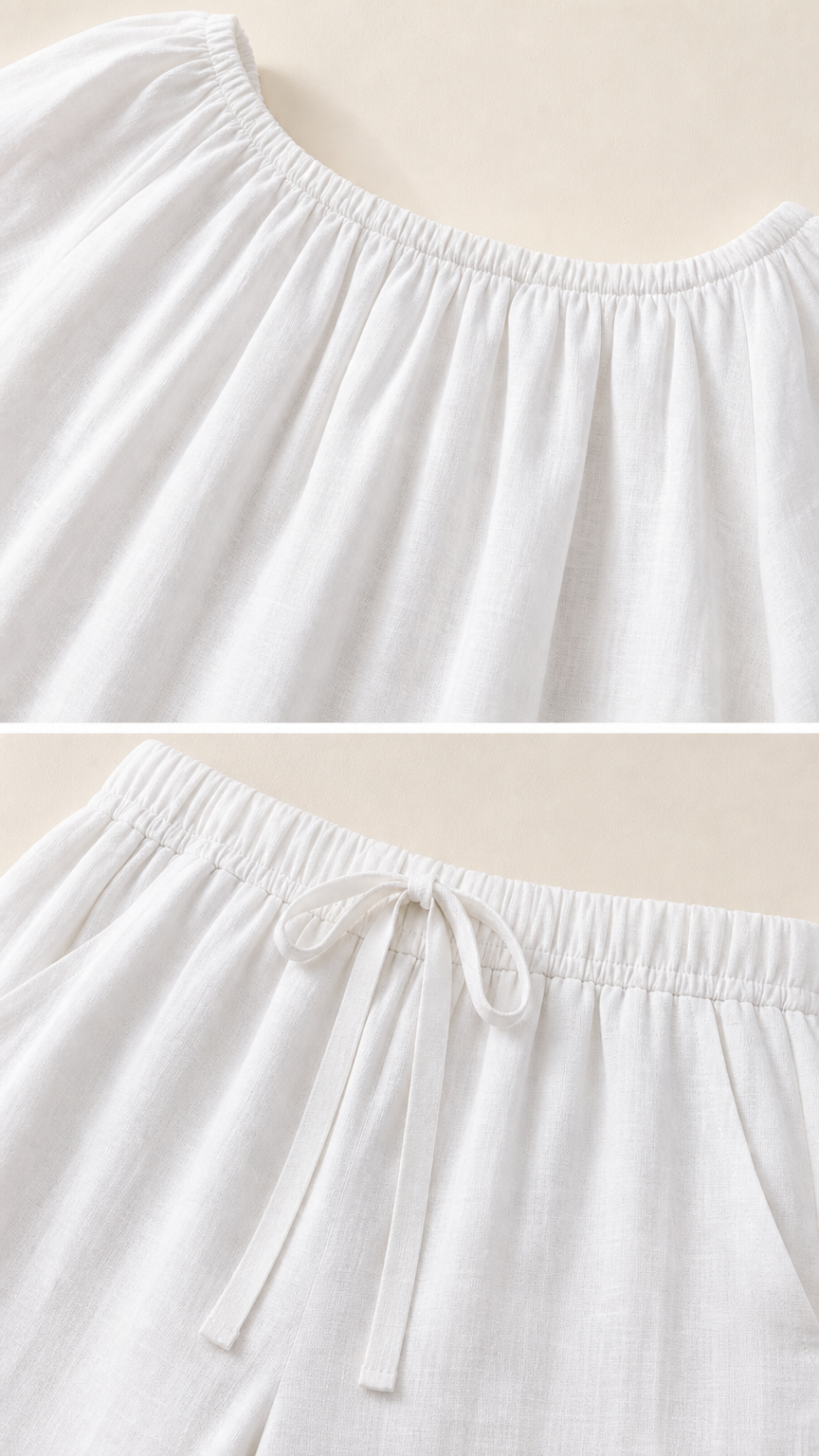Close-up of neckline and drawstring waist on white set