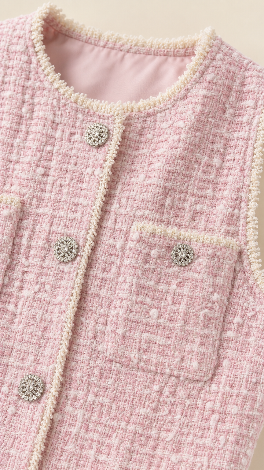 Close-up detail of pearl trim and jeweled buttons on pink tweed dress