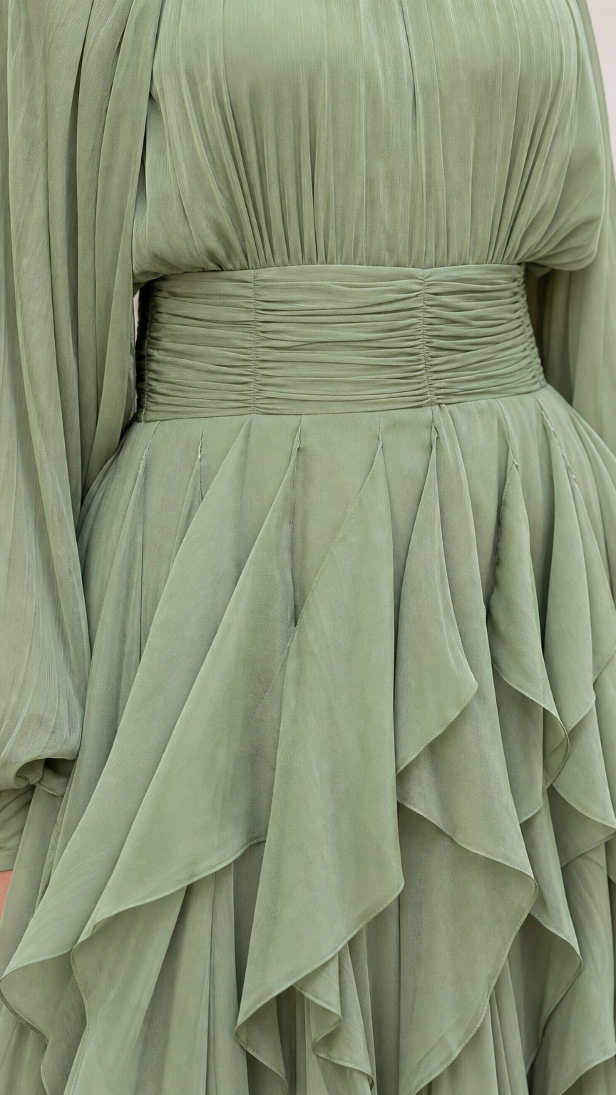 Close-up detail of ruched waistband and layered ruffles on sage green dress