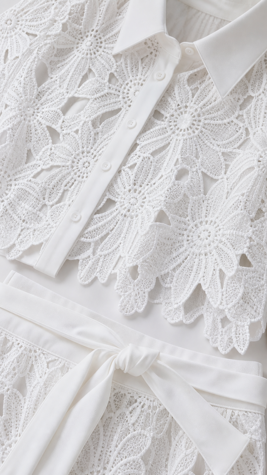 Close-up detail of white lace collar, buttons, and waist tie