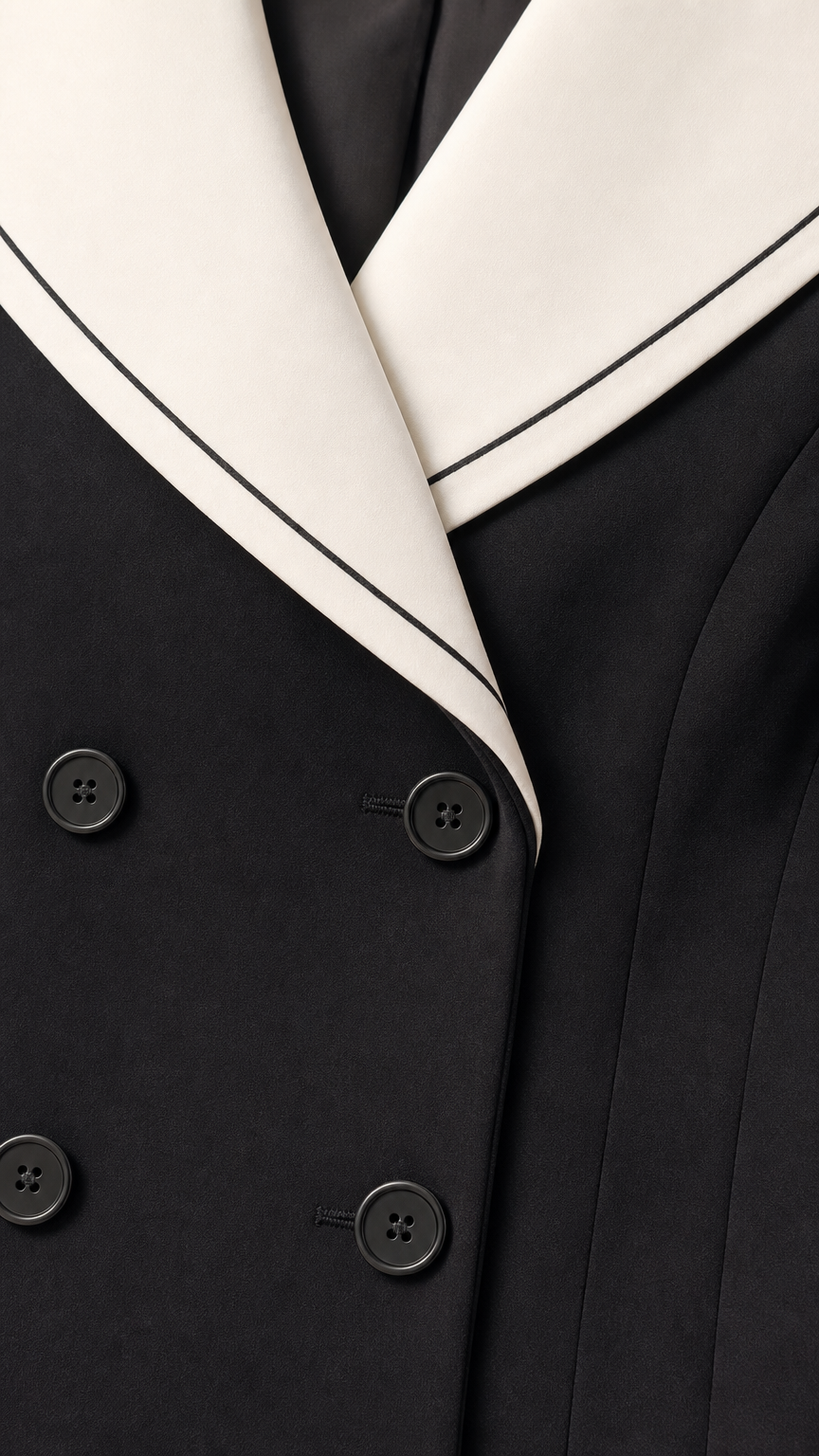 Close-up detail of black double-breasted buttons and contrast white sailor collar with piped trim