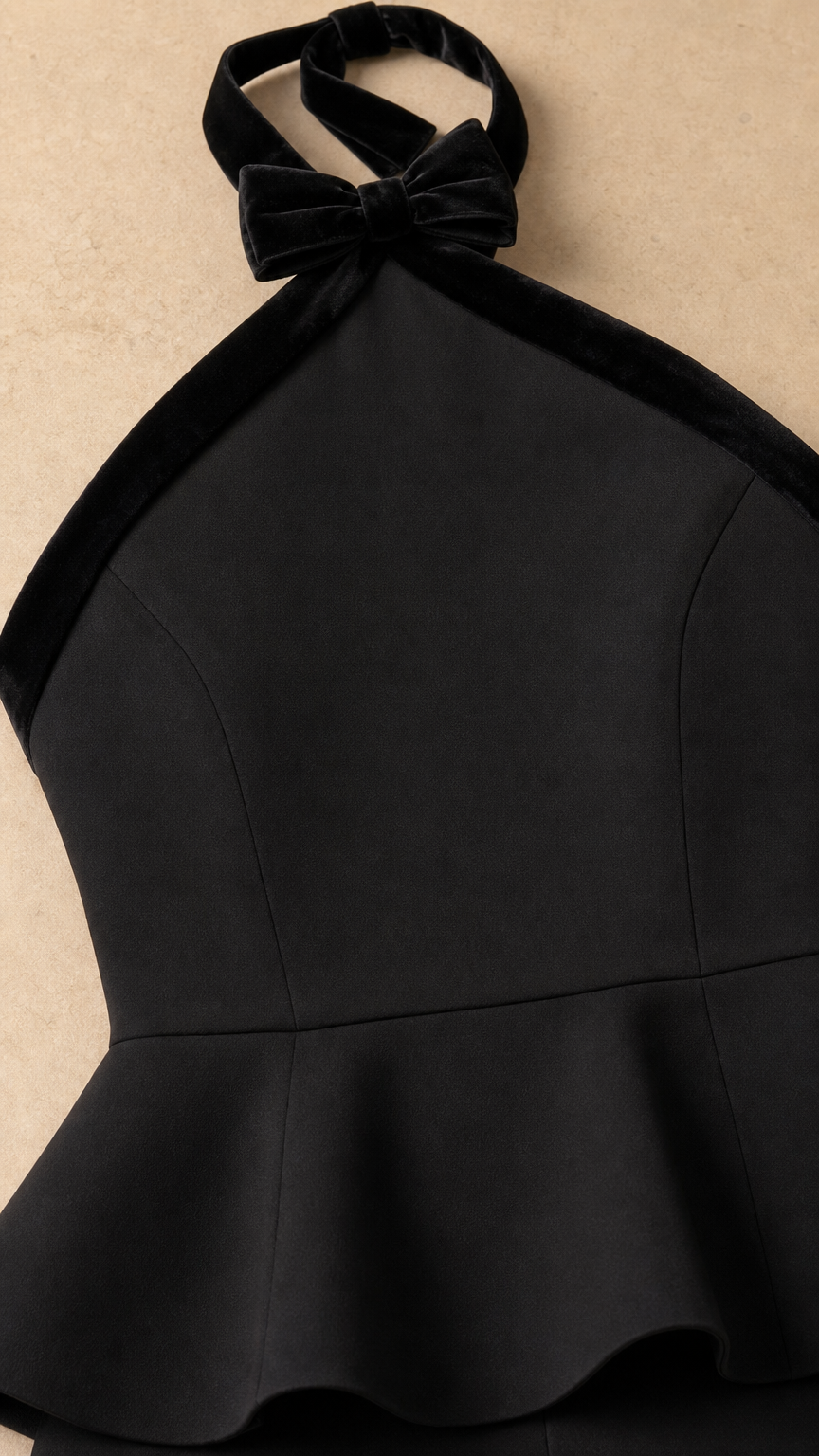 Close-up detail of black halter neckline with velvet bow and peplum waist